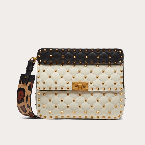 VALENTINO~Medium Rockstud Spike Nappa Bag With Leopard Print Strap In White - Picture 4 of 4